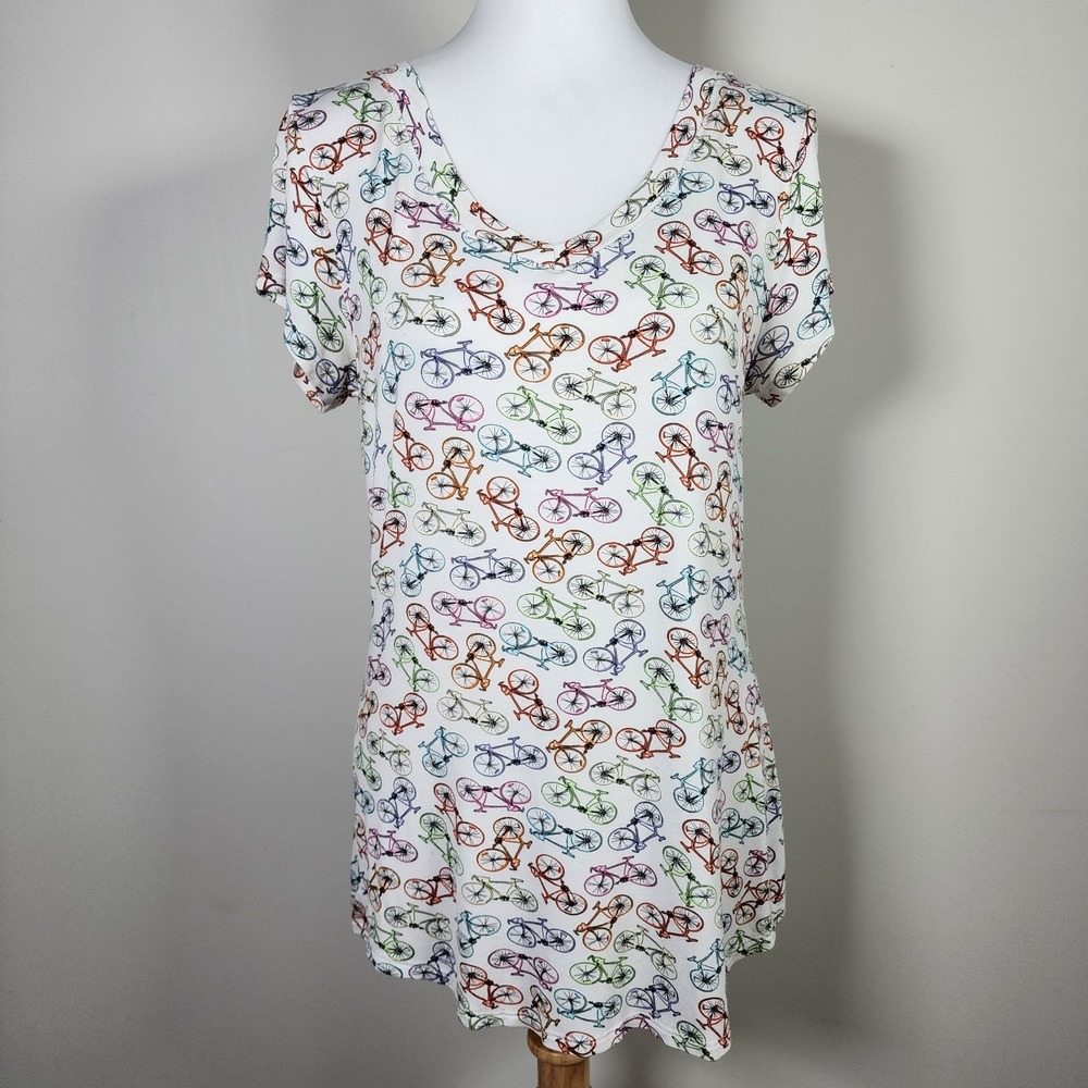 Cupio Bicycle Shirt Womens Large Bike‎ All Over Print Graphic Tee V Neck Stretch